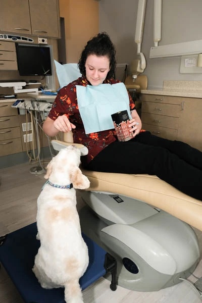 therapy dog Dobby helping a patient feel comfortable during her dental appointment at Strive Dental Studio
